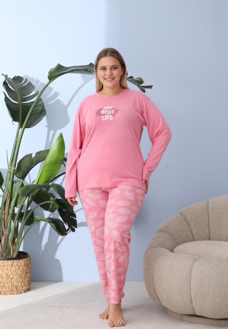 Pijama Dama ,Big Size ,''My best Life" cu Pantloni si Maneca lunga, Culoare Roz,Engros